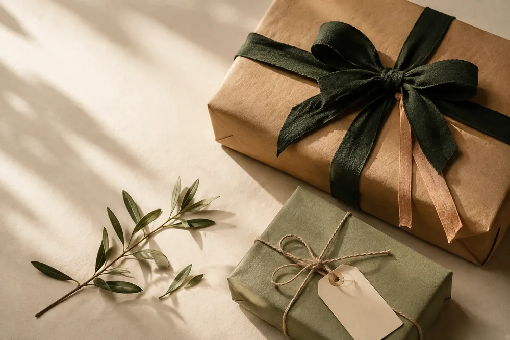 Kraft-paper and sage-green gifts tied with green ribbon and cotton string.